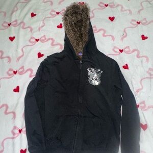 Black Hoodie with Fur Trim and Bulldog Patch